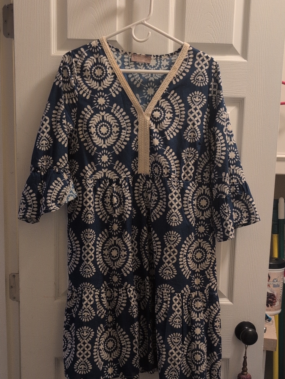 Women's Navy and Cream Printed Tiered Dress